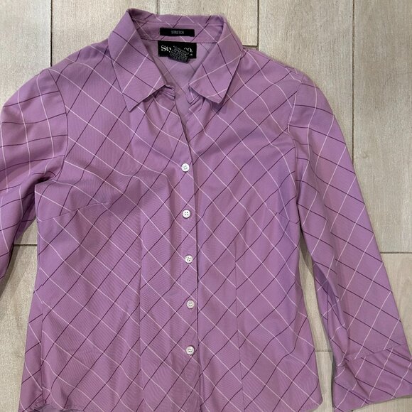 Style & Co. Petite Lilac Diamond Check Jacquard 34 Sleeve Button Top Blouse 6P C - Picture 3 of 8